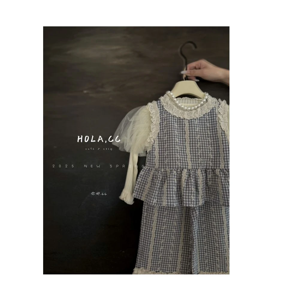 HOLA.CC·25春~花边刺绣格子套装8880 格子背心+裤子两件