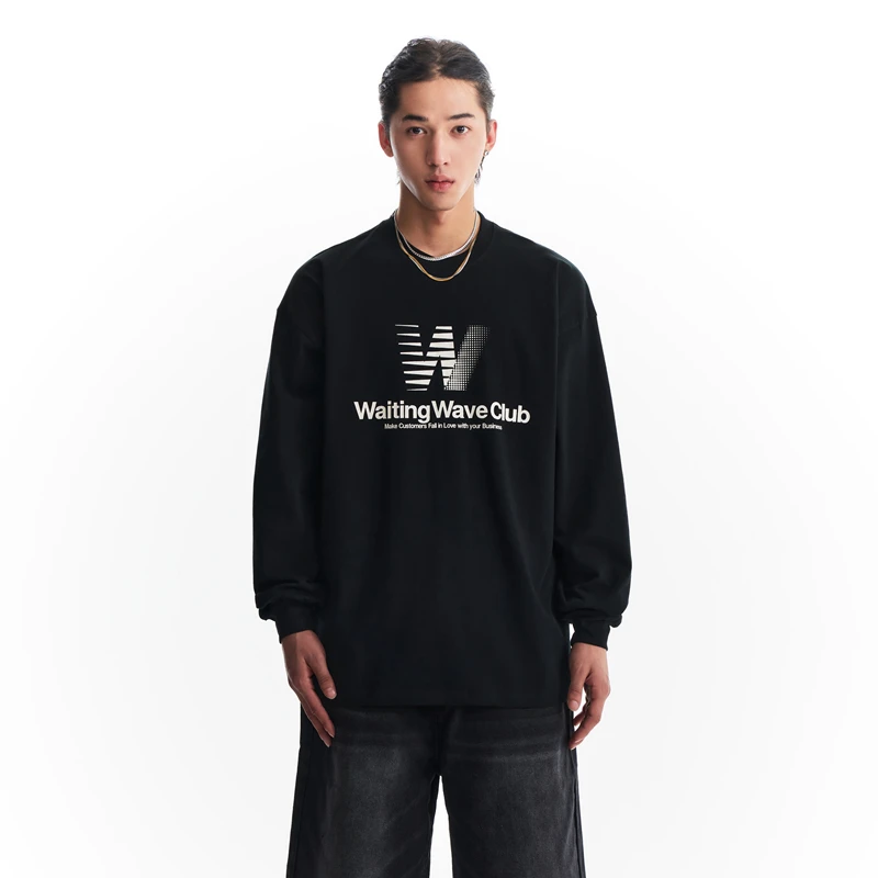 WaitingWave基础logo印花T恤长袖男女同款美式休闲oversize上衣