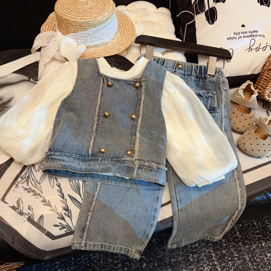 HHkids2025女童时髦春秋新款洋气女宝长袖马甲牛仔套装FTZ120