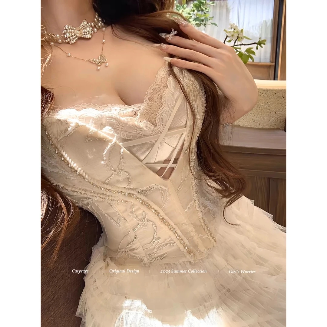 Catyears猫年【纯欲的奥秘】古董感假两件胸衣自带胸垫蕾丝吊带上衣