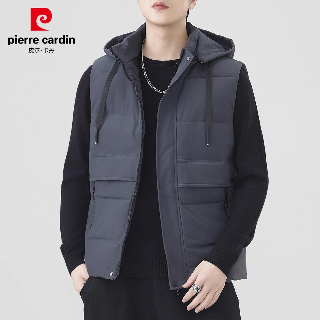 皮尔卡丹棉马甲男士背心2025冬季新款可脱卸帽潮流工装外套男装