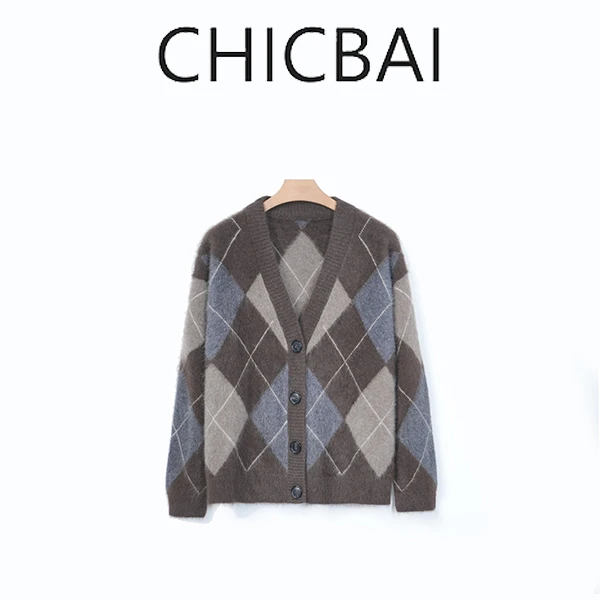 CHICBAI 5G入秋 100牦牛绒菱形格纹V领开衫毛衣 松弛感针织外套