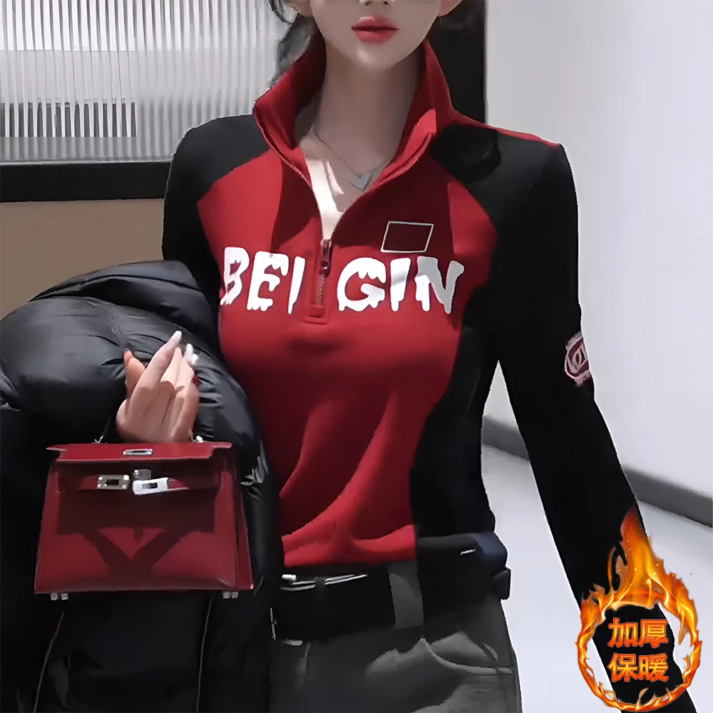 打底衫女款爆款2025新款半拉链撞色加厚保暖长袖秋冬运动时尚立领