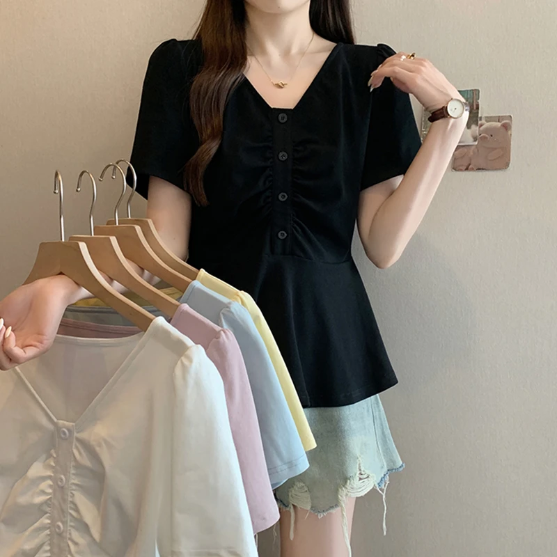 微胖mm大码女装V领拼接短袖t恤女夏季时尚宽松设计感别致褶皱上衣