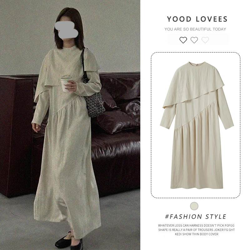 韩版chic气质温柔斜裁披肩设计感高腰宽松休闲纯色长袖连衣裙女