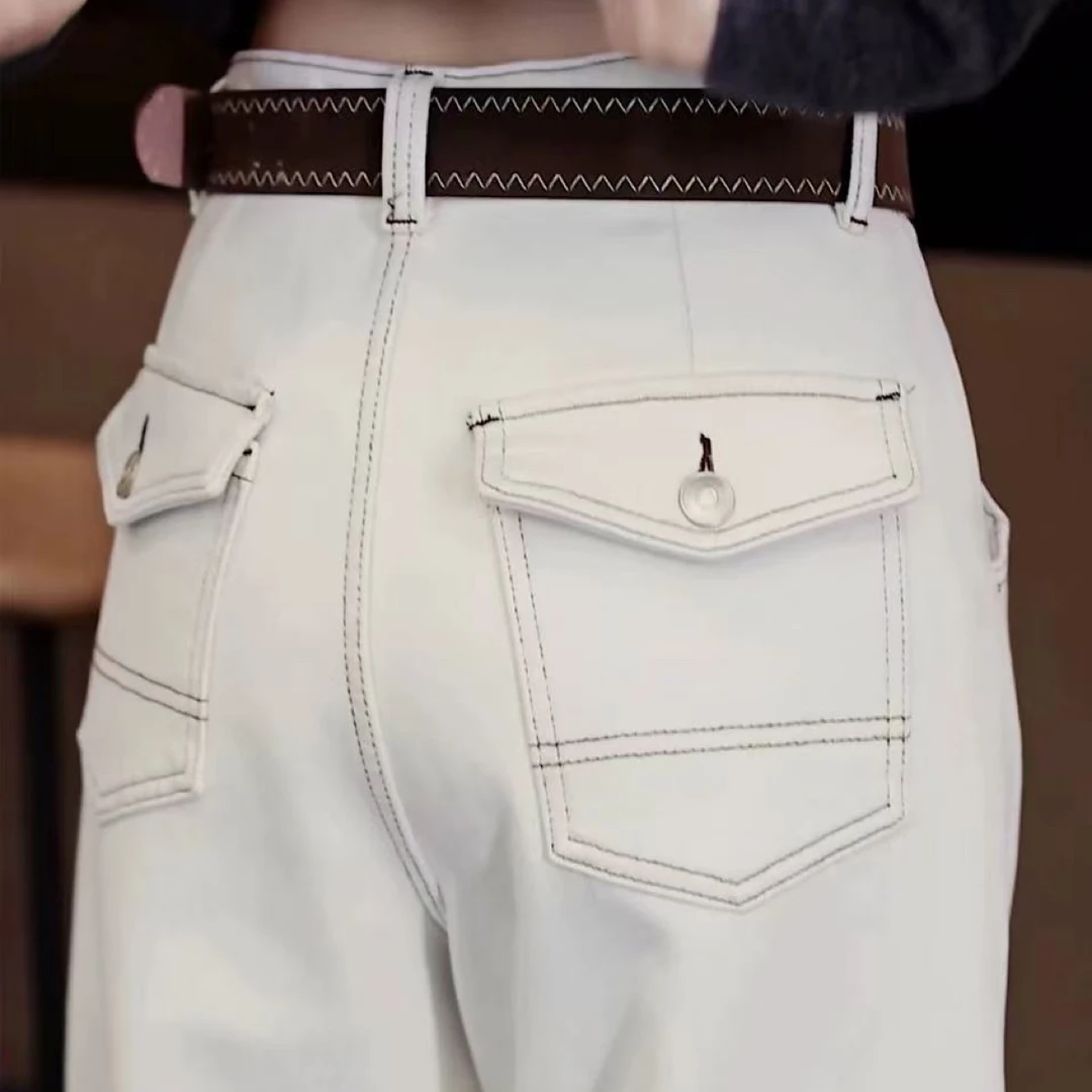 米白色加绒弯刀牛仔裤女秋冬季2025新款宽松显瘦阔腿裤子