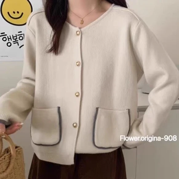 宽松纯色圆领开衫毛衣外套