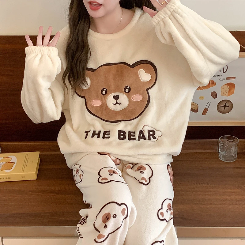 热销秋冬睡衣加厚女法兰绒保暖特厚卡通家居服亚马逊套装量大优惠