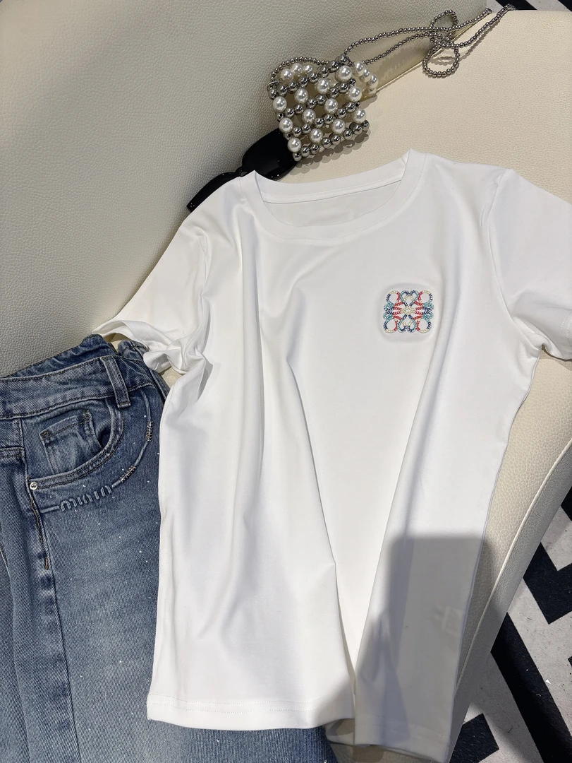 短袖t恤女2025夏季新款爆款纯色重工刺绣百搭显瘦休闲ins简约上衣