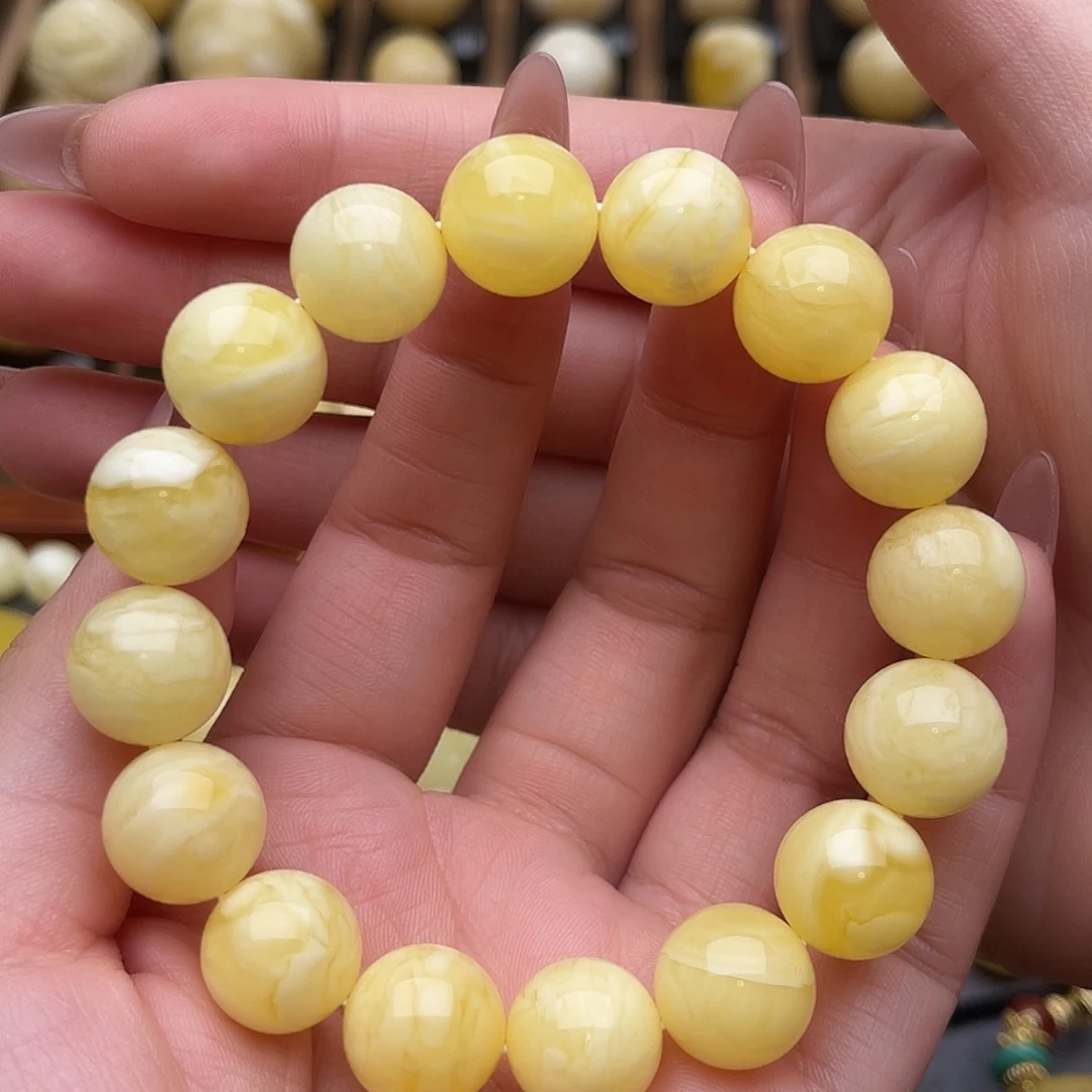 琥珀未镶嵌裸石蜜蜡圆珠手串卡十三虎皮纹妖花