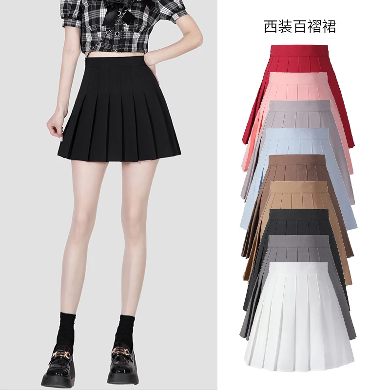 黑色百褶裙女高腰短裙显瘦灰色a字百搭西装料口袋半身裙小裙子