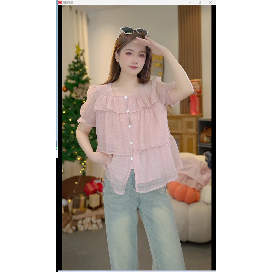 春秋新款法式洋气别致漂亮小衫甜美荷叶边方领小五一旅游出街衣服