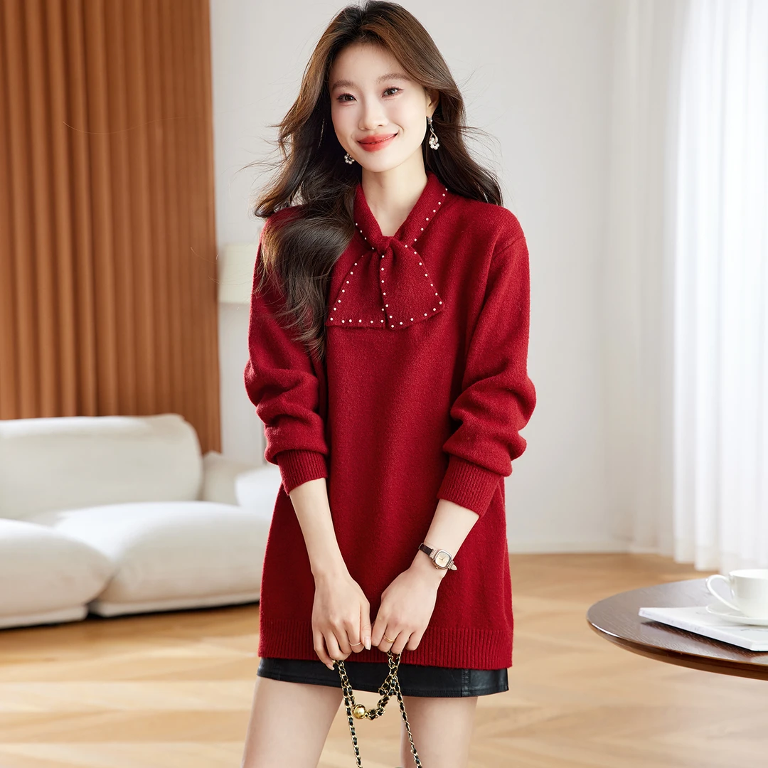 秋冬新款围巾领中长款本命年红色打底衫女士宽松高级感显瘦针织衫