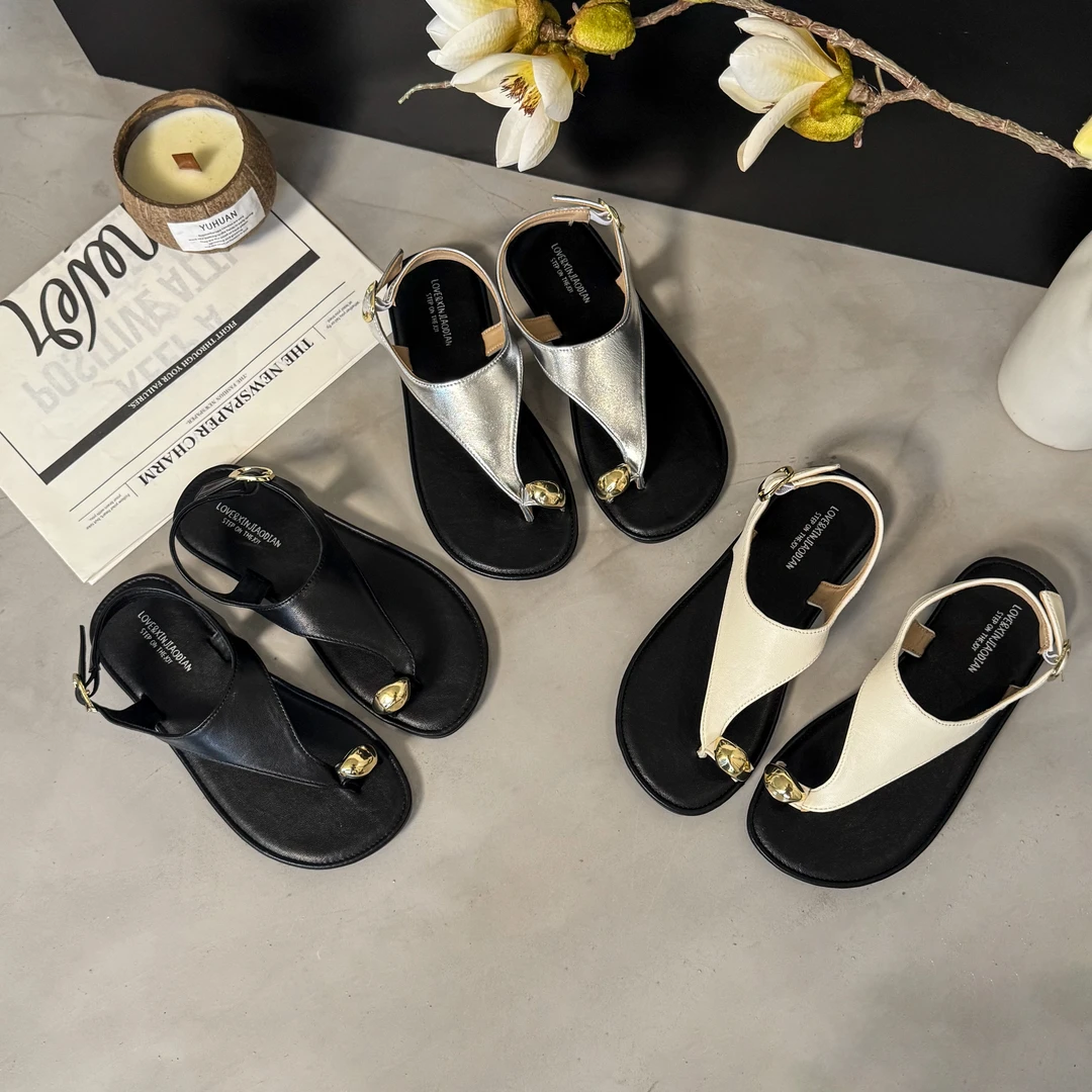 【EI】法式复古一字扣带平底套趾凉鞋女2025夏季新款罗马露趾凉鞋