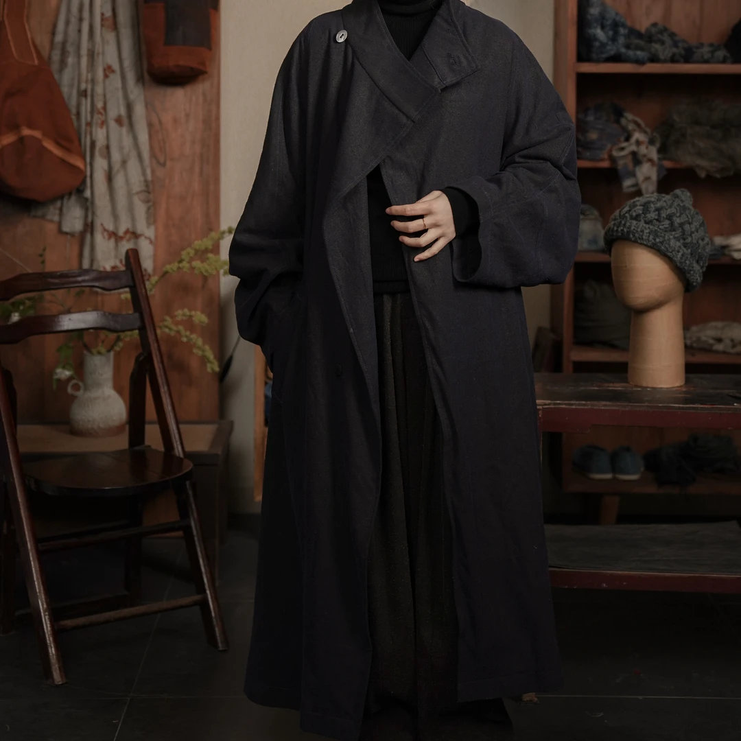 『靑一草木』&『作彡』香云纱柞蚕丝手工秋冬宽松侘寂清冷感长款外套