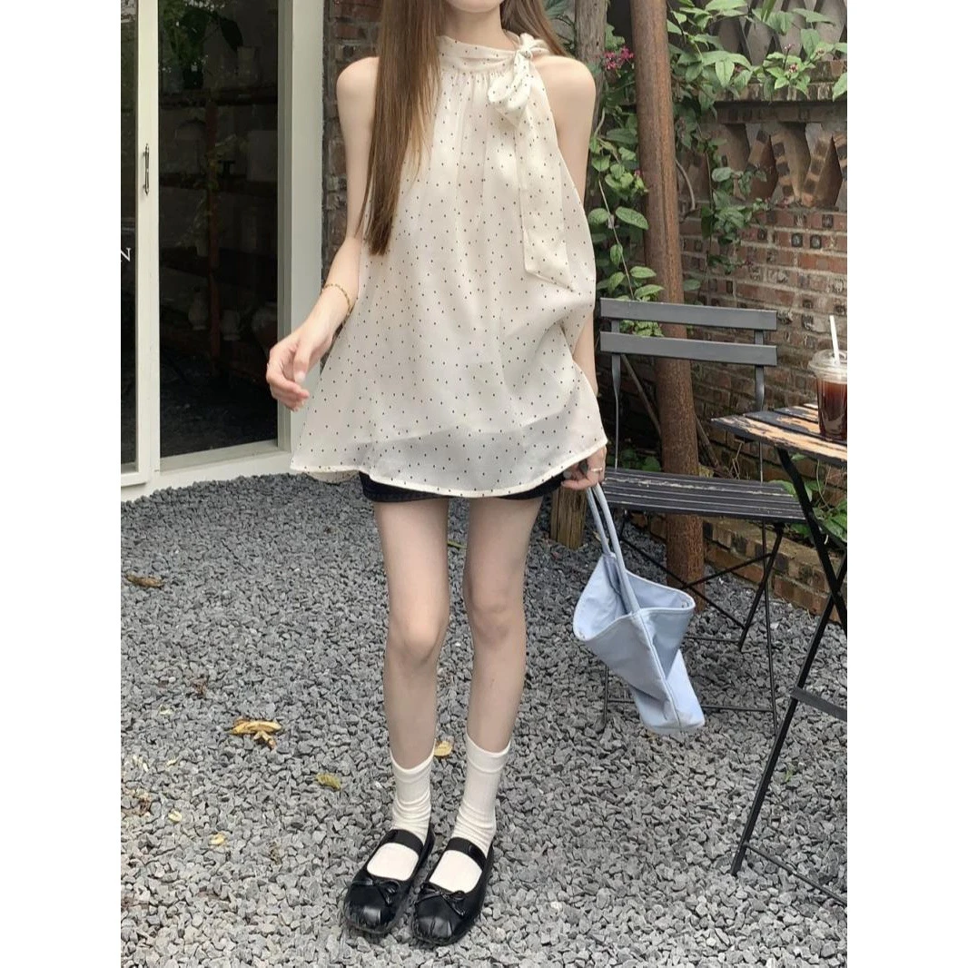 蝴蝶结波点挂脖衬衫甜美女薄款法式温柔风无袖衬衣设计感小众上衣