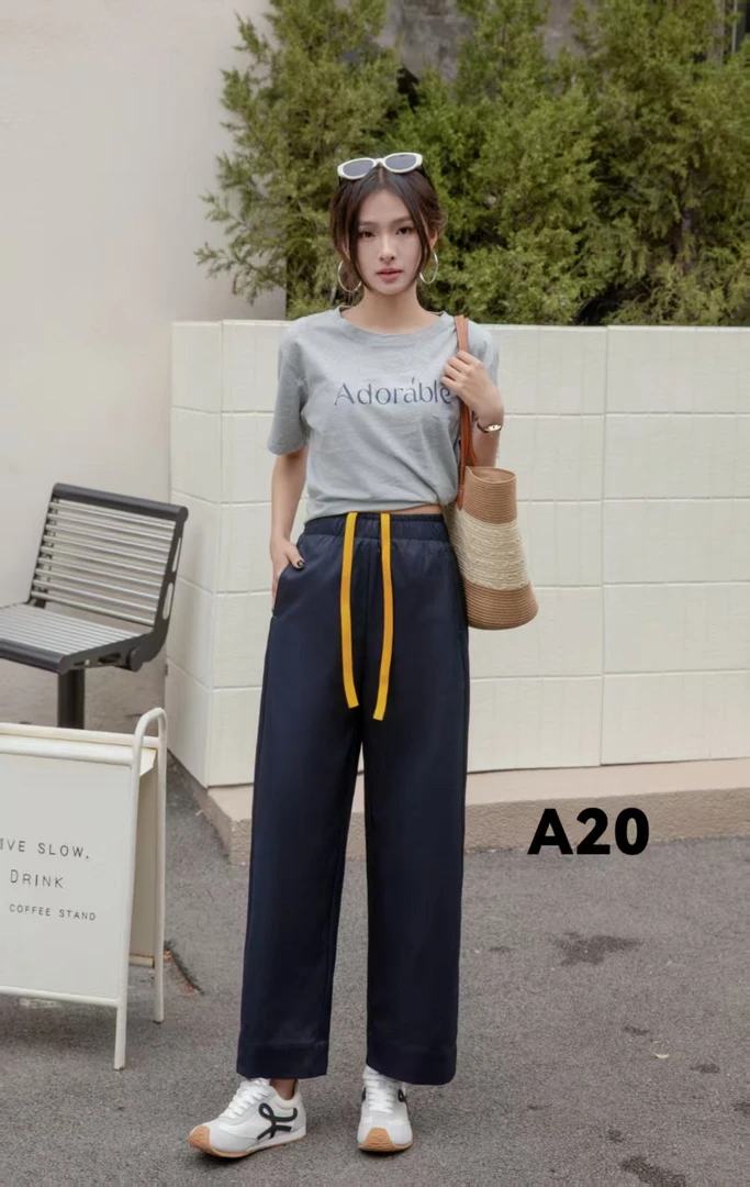 2025夏季新款时尚松紧抗皱腰抽绳直筒九分裤休闲裤女20