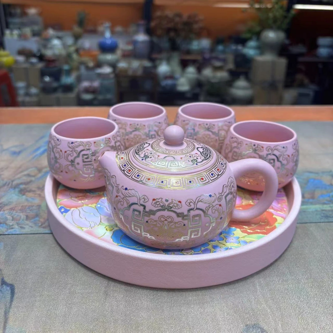 友名 粉色紫砂敦煌西施壶一壶四杯小套装功夫茶具-5498