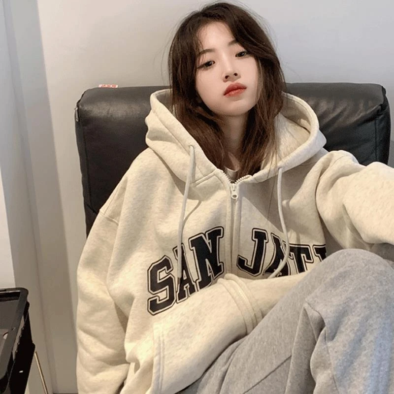 FAVMARTHA拉炼开衫美式宽松春秋慵懒风加厚连帽运动衫女加绒外套