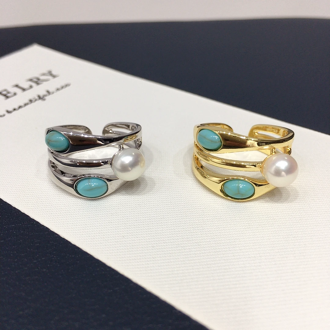 精工款极光天然淡水珍珠戒指轻奢优雅绿松石宽戒开口百搭手饰