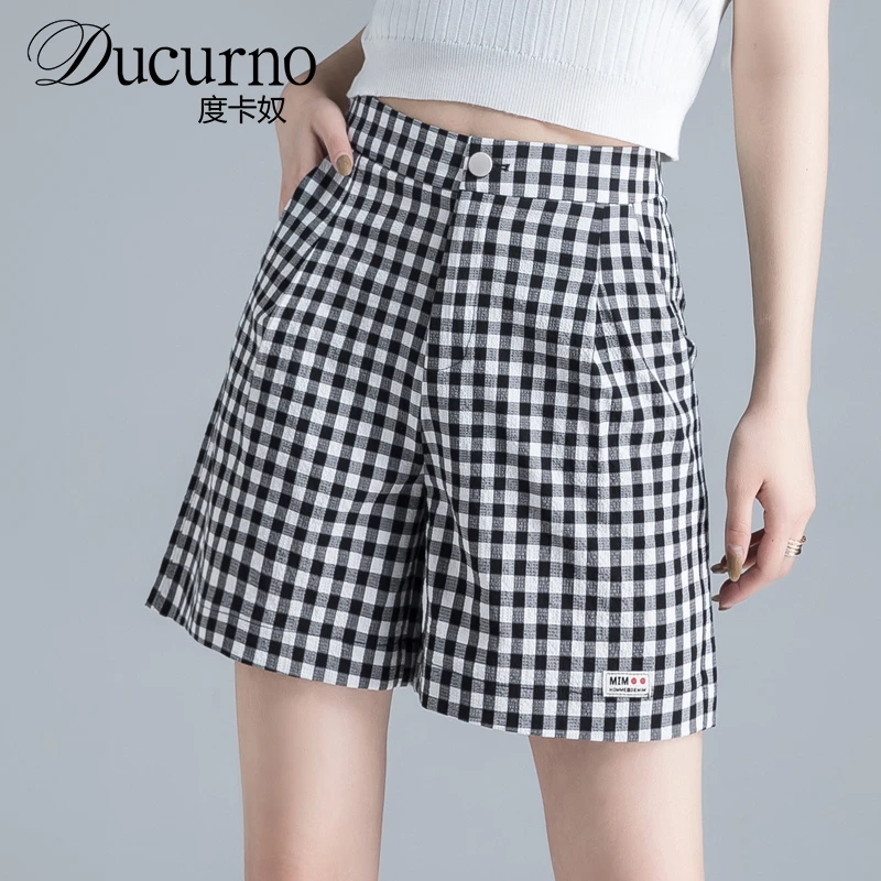 休闲短裤女夏高腰黑白格子裤女小个子三分热裤显瘦薄款a字阔腿裤