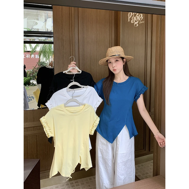 2025夏装新胖mm大码女飞飞袖木耳边露背短袖T恤甜美可爱风格衣服