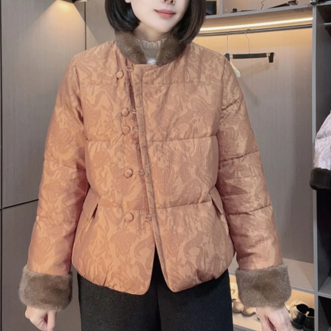 炫女人冬装时尚女装圆领妈妈装国风鹅绒服轻薄保暖羽绒服外套上衣