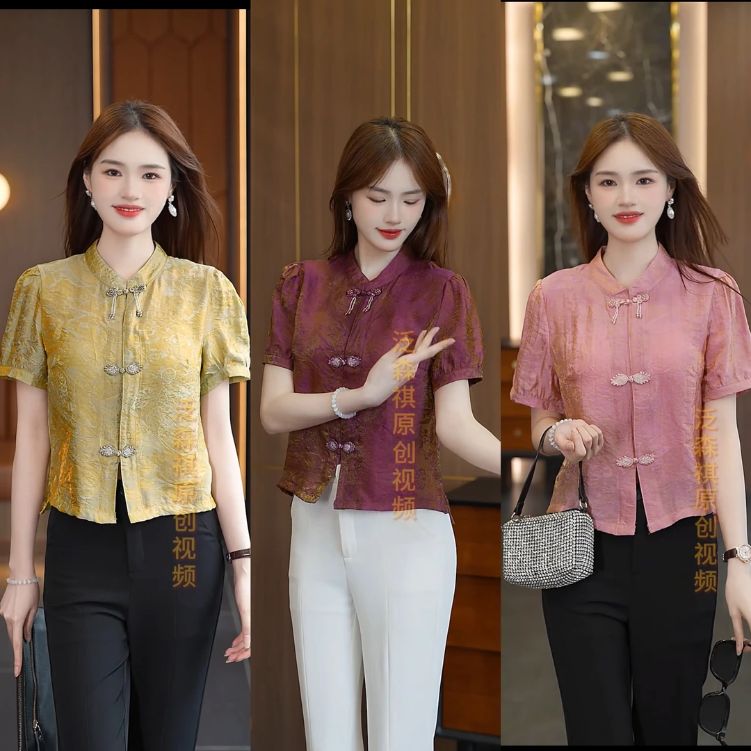 中国风衬衫女士宽松显瘦立领洋气小衫短款时尚立领短袖百搭上衣