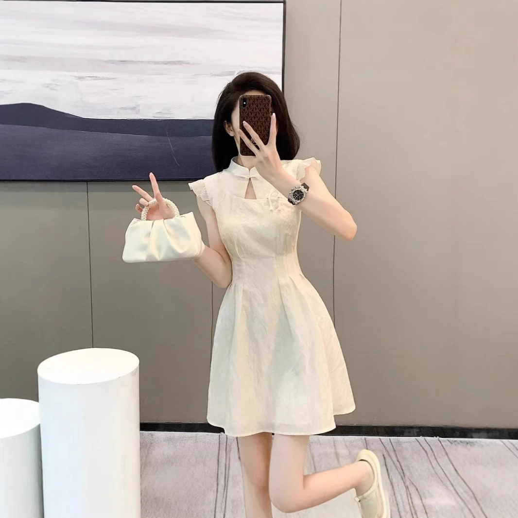 现货新款气质夏季显瘦连衣裙女小众中国风小飞袖收腰改良旗袍裙高