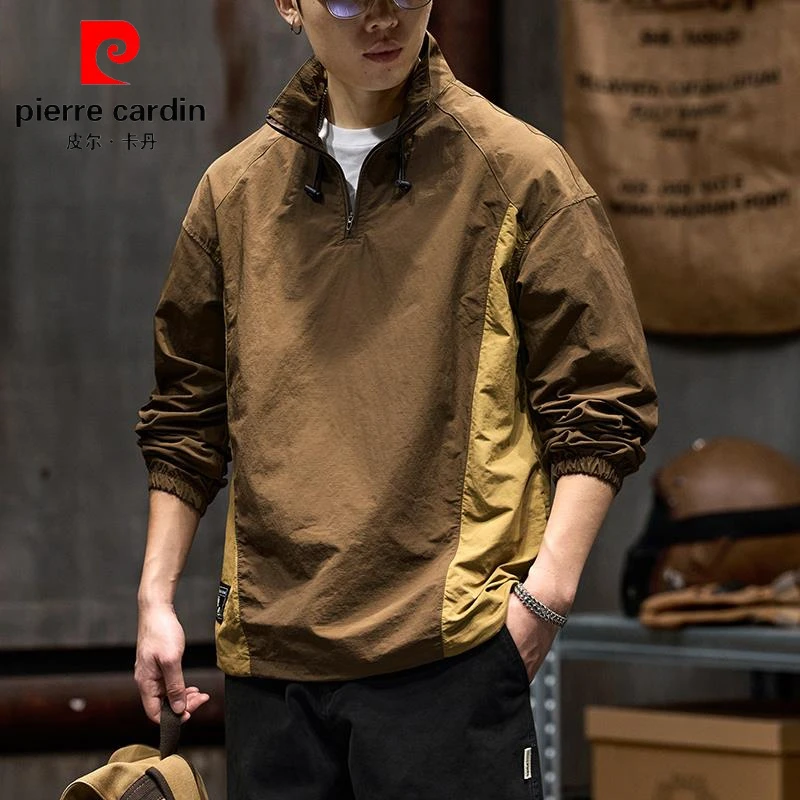 皮尔卡丹设计感撞色拼接长袖t恤男士半拉链POLO衫春季户外速干T恤