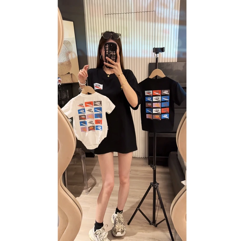 [潮牌FEEL]亲子装纯棉黑白字母纯棉t恤一家三口四口婴儿爬服夏季