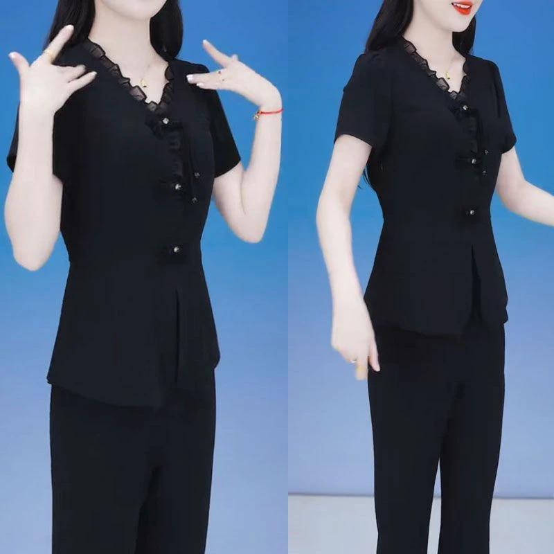 夏季新款2025减龄显瘦短袖套装女国风盘扣上衣微喇叭裤两件套