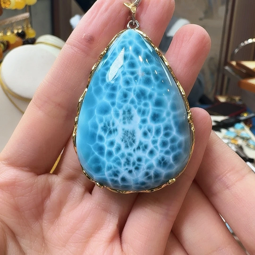 针钠钙石（海纹石）银S925镶嵌颈饰吊坠