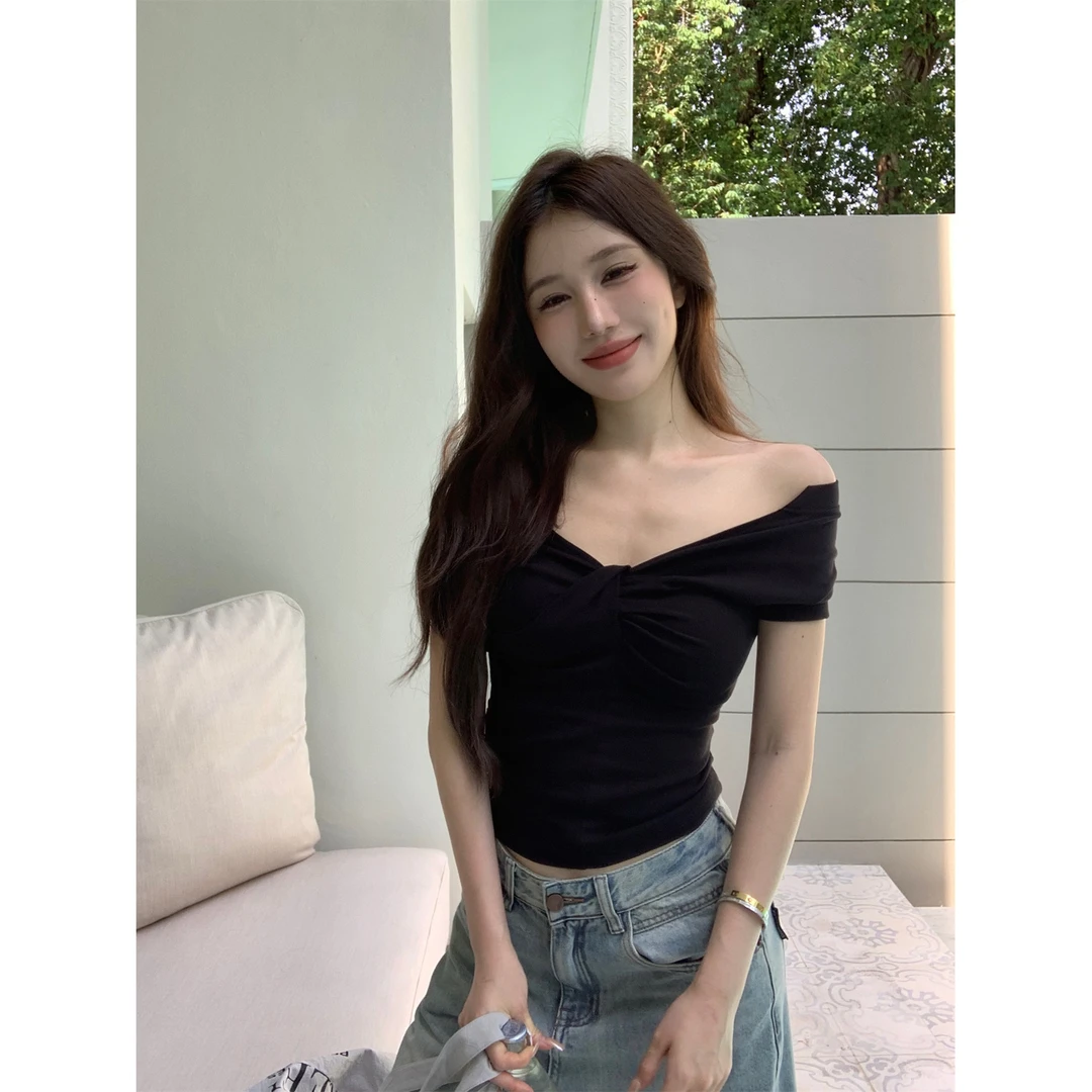 夏季新款韩版短袖T恤两穿辣妹弹力修身短款上衣女一字肩ins时尚
