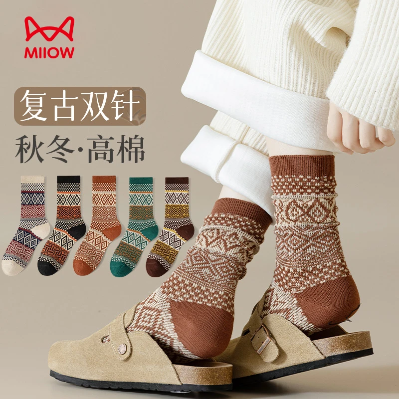 猫人袜子女秋冬中筒袜复古双针加厚保暖高筒地板袜美拉德雅丹风