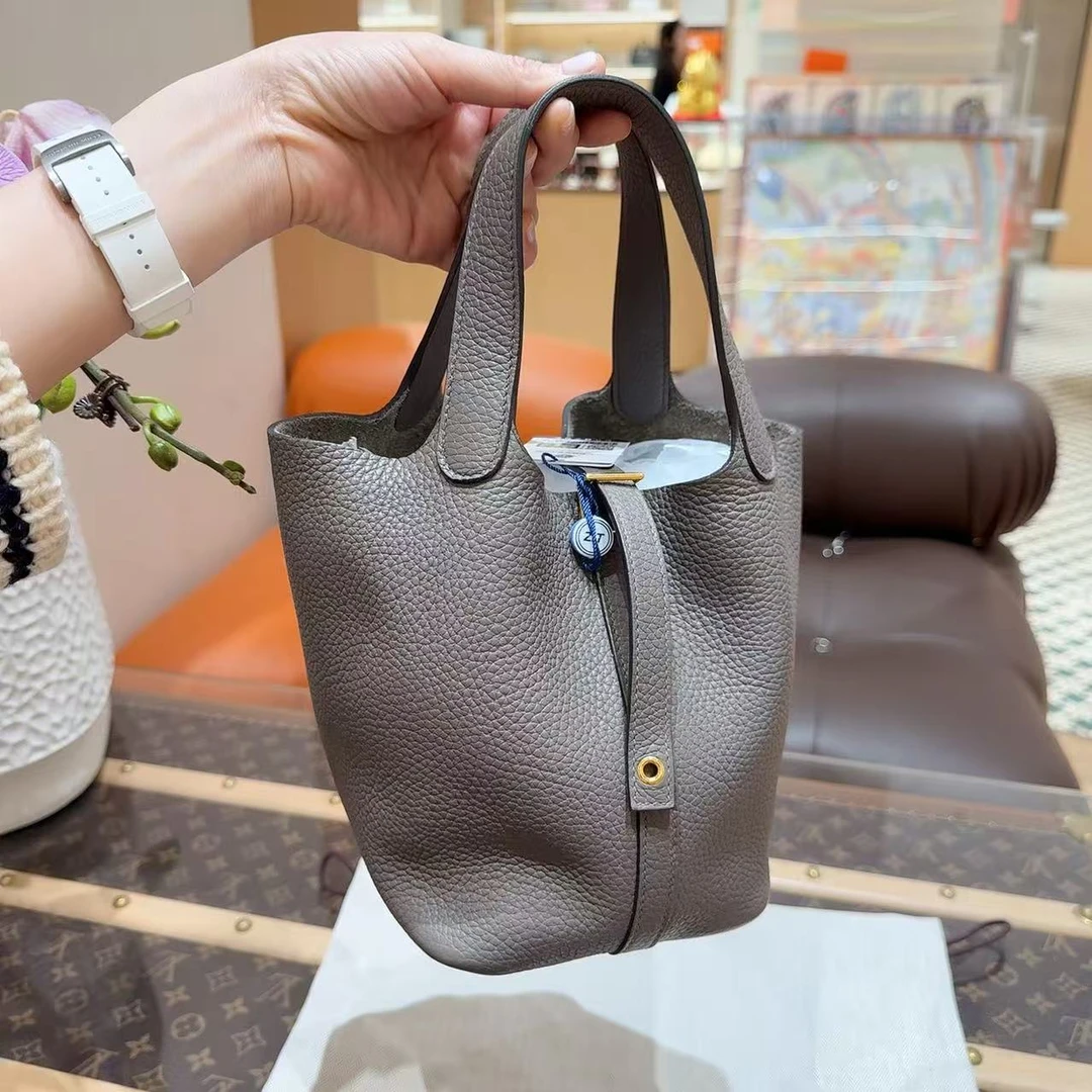 99新 Hermes/爱马仕 水桶18 8F锡器灰金扣 Tc皮 C刻