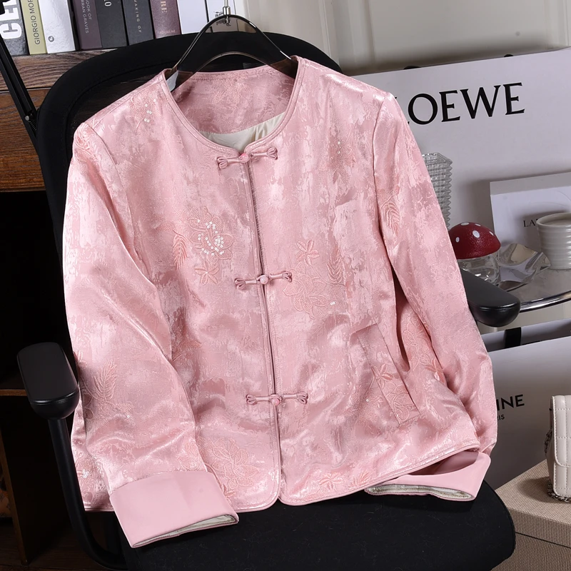 新中式羽绒服女粉色重工钉珠刺绣短外套冬季外套提花中国风上衣