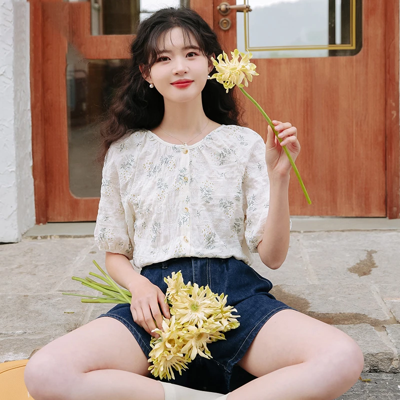 法式甜美雪纺碎花上衣女2024夏季新款复古设计感小众短袖衬衫