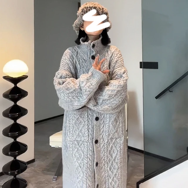 女装灰色慵懒风开衫针织长袖毛衣高领秋冬季加厚宽松外套长款裙子