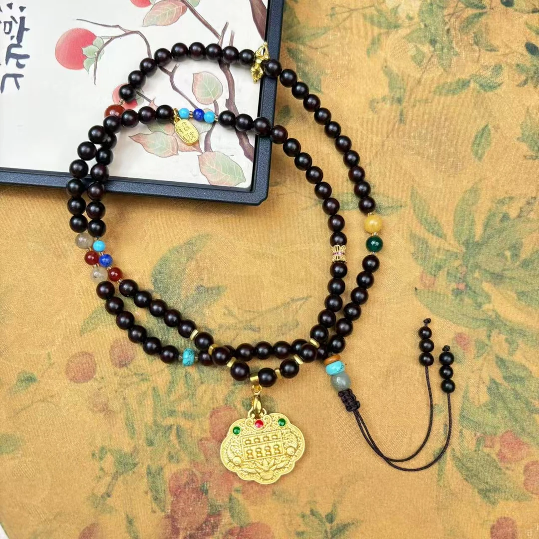 QIC0035-小叶紫檀6mm+和田玉玛瑙+招财进宝祥云锁毛衣链+礼盒
