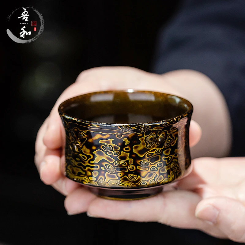吾和漆器茶具 福州非遗大漆手工木胎防烫防摔黑金螺钿茶杯主人杯