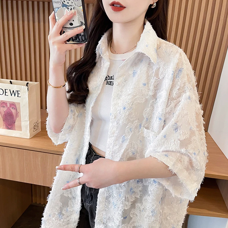 设计感休闲上衣新爆薄款衬衣外套防晒衣服女夏初高中学生短袖衬衫