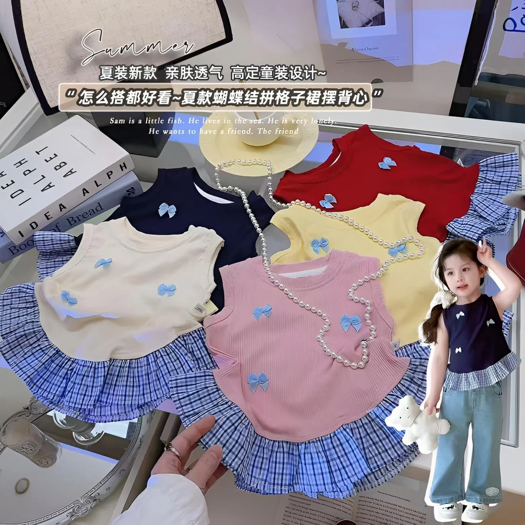 夏季格子花边背心小童纯色无袖圆领甜美女背心小童花边蕾丝夏款