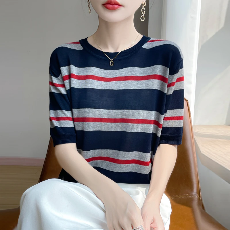 莱赛尔天丝100%夏季女装透气针织衫短袖t恤韩版圆领领打底衫