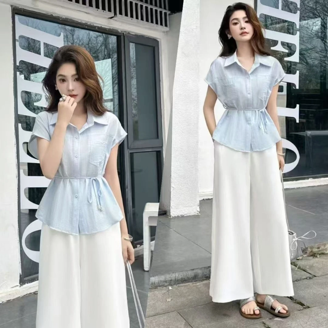 显瘦无袖衬衫套装女2025夏装时尚休闲小个子洋气百搭阔腿裤两件套