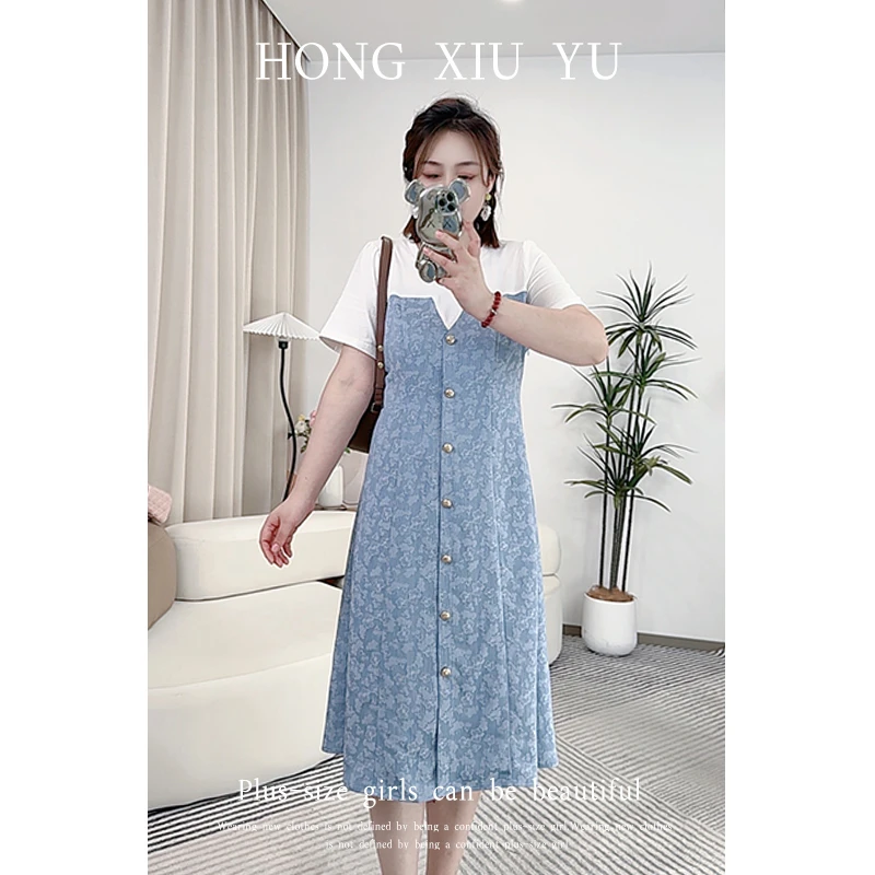 【红袖雨】夏季新款拼接提花收腰假两件宽松复古ZA1524281544