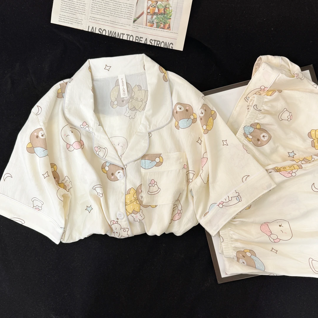 日系ins夏季睡衣女款可爱轻松熊短袖短裤长裤三件套装学生家居服