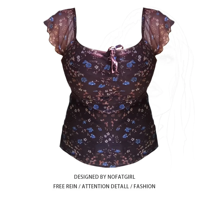 大码胖MM纯欲性感碎花小飞袖T恤女春季新款修身显瘦设计感上衣ins