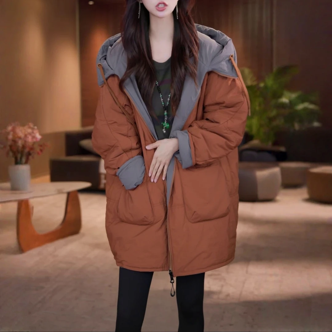 2025秋冬休闲宽松遮肉百搭撞色连帽拼接大口袋加棉保暖双面穿棉衣