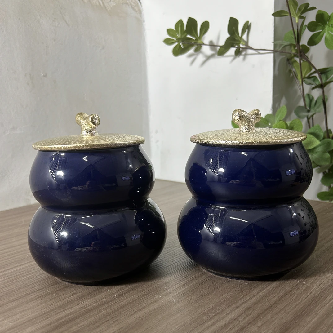 宝石蓝葫芦陶瓷茶叶罐半斤装家用防潮密封储物罐微瑕处理介意勿拍